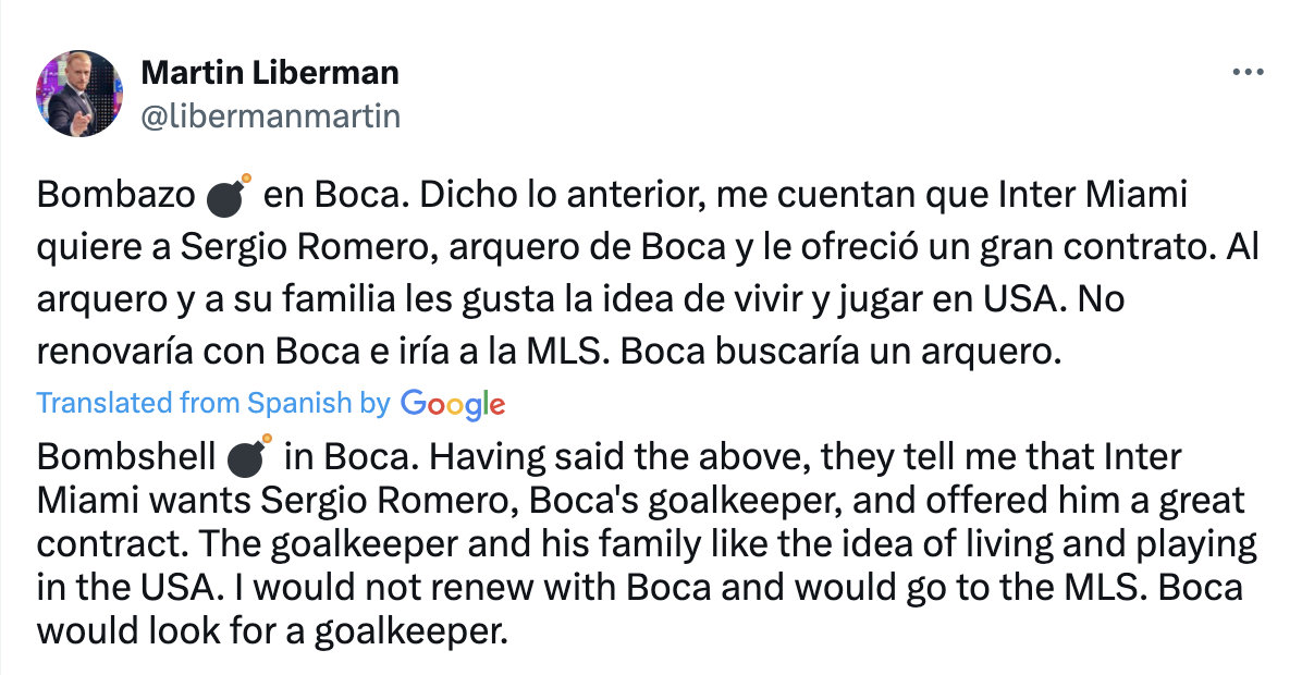 记者Martin Liberman：迈阿密国际向罗梅罗提供了一份丰厚的合同。罗梅