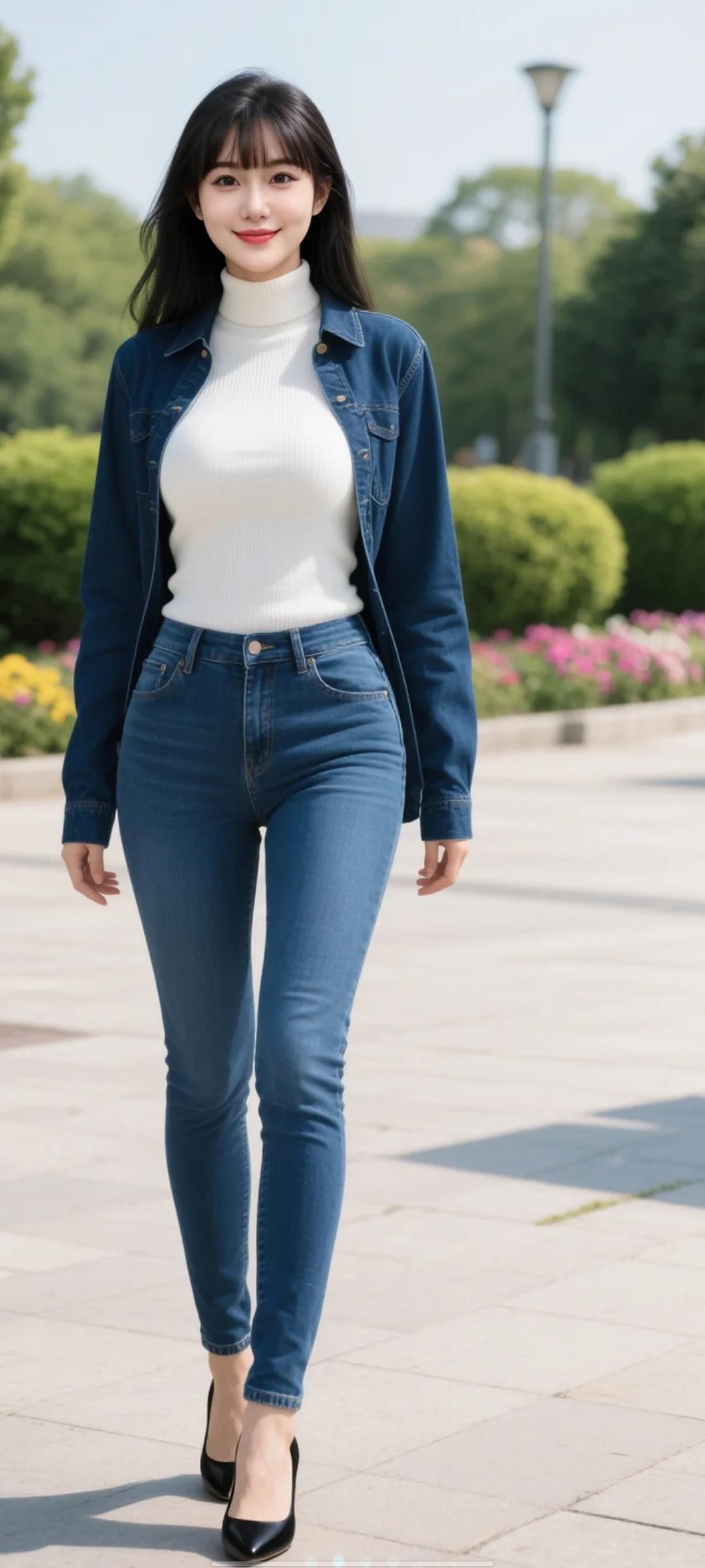 宝子们啊，快看啊， 这位美女穿着牛仔外套，走在公园里。