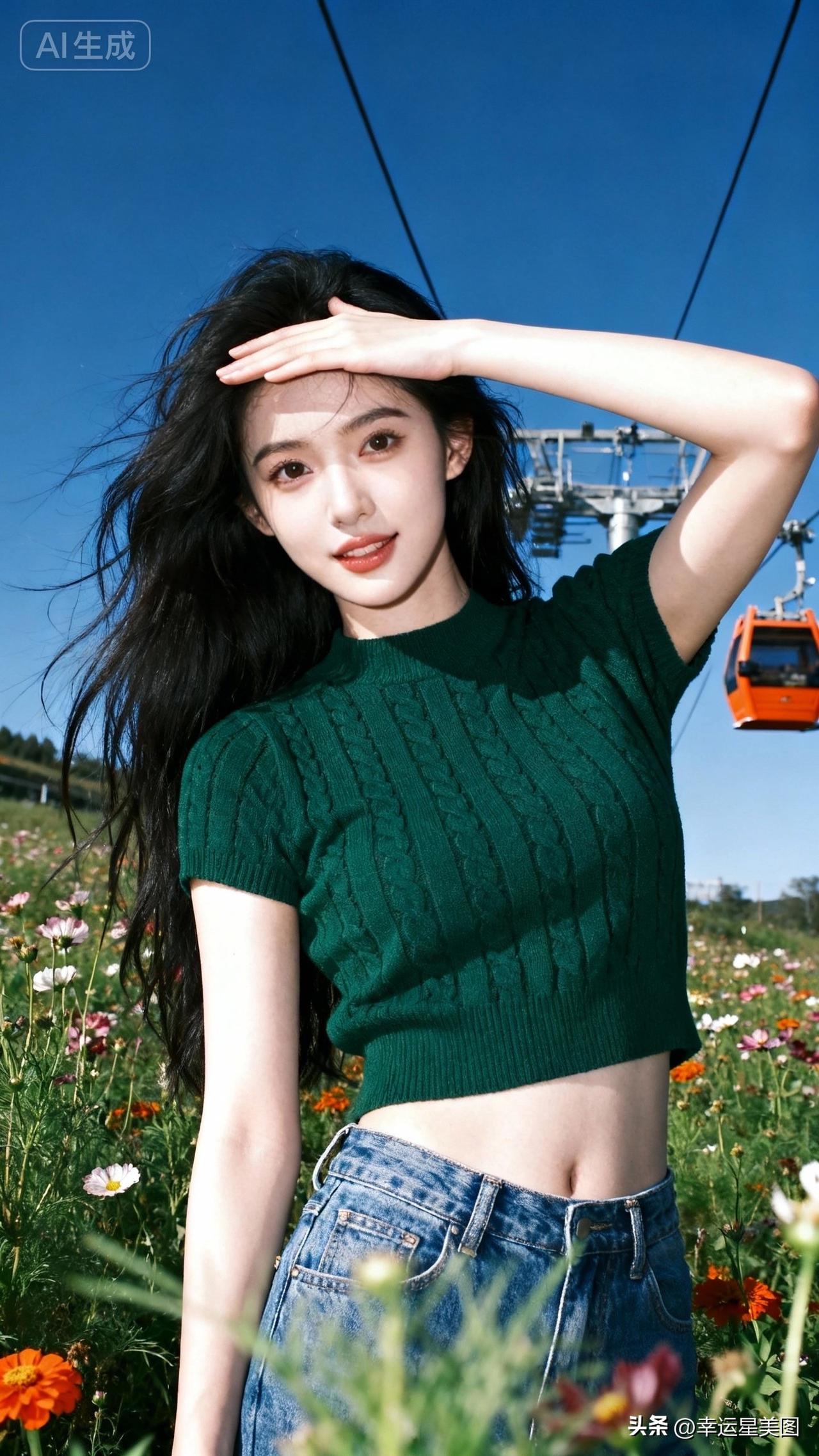 在花海中，少女与缆车相伴，尽享美好时光。