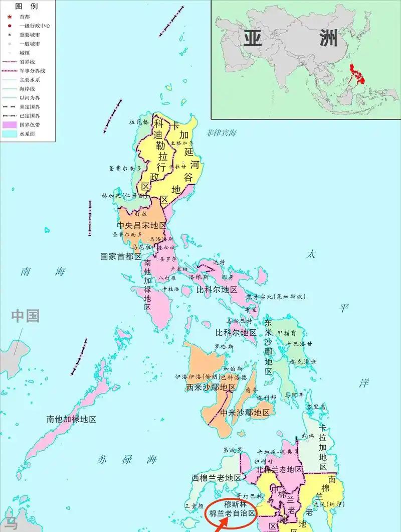 菲律宾版图的构成存在特殊的历史背景，地图上部分标注于菲律宾境内的岛屿，其归属问题