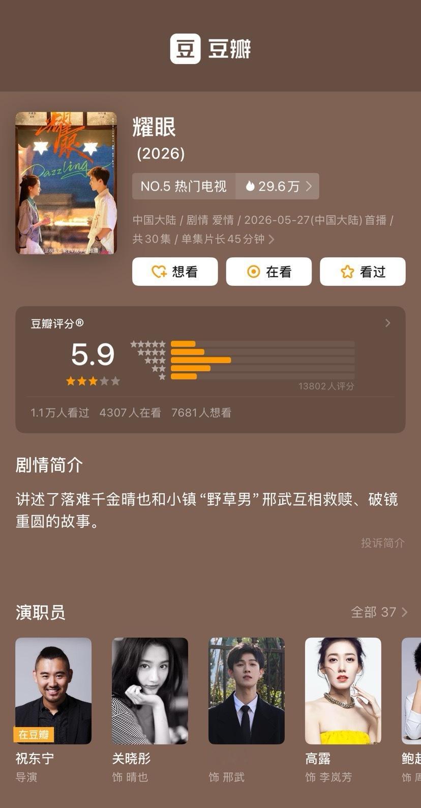 电视剧耀眼关晓彤李昀锐耀眼评分5.9    领衔主演电视剧《耀眼》豆瓣开分5.9