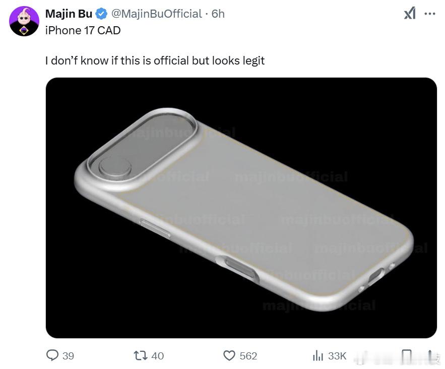 【iPhone 17渲染图曝光：背部摄像头采用“药丸”设计】据Majin Bu在