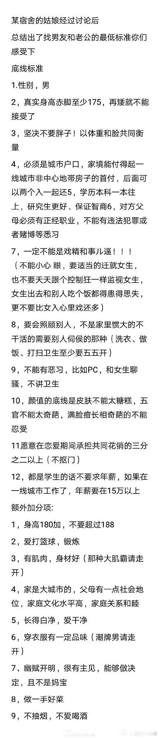 经过讨论，我们宿舍的女生总结了找男朋友或老公的最低标准 ​​​