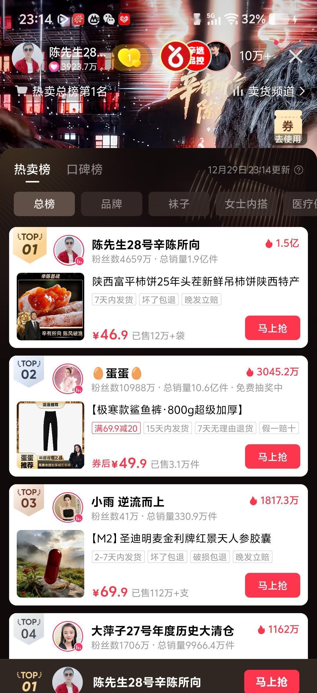 两天3个亿。
一个叫陈先生的主播，被辛巴扶上马，首秀就卖了3个亿。
第二场更狠，