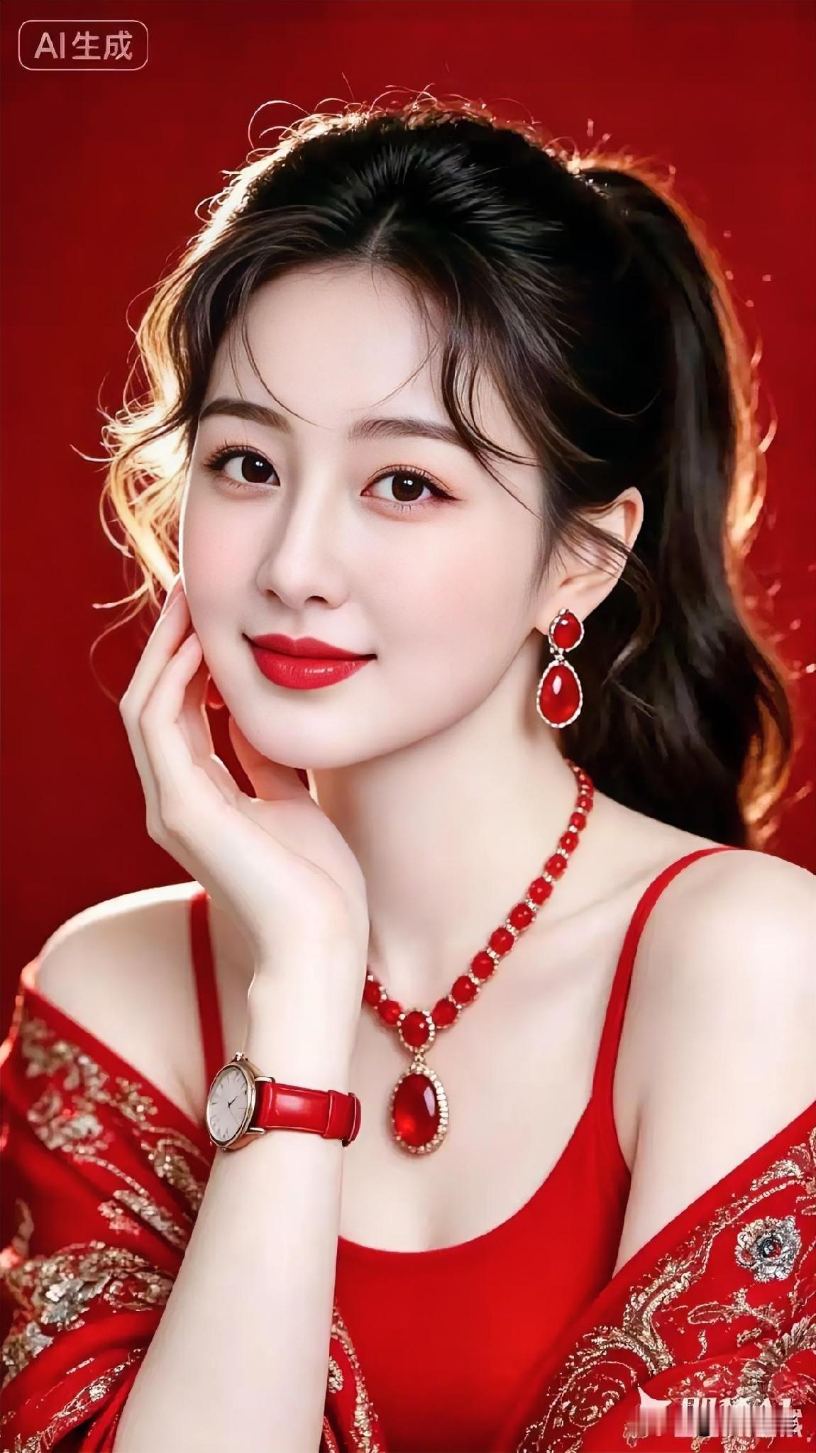 红衣美人，优雅气质，珠宝闪耀，魅力无限！💃💎
