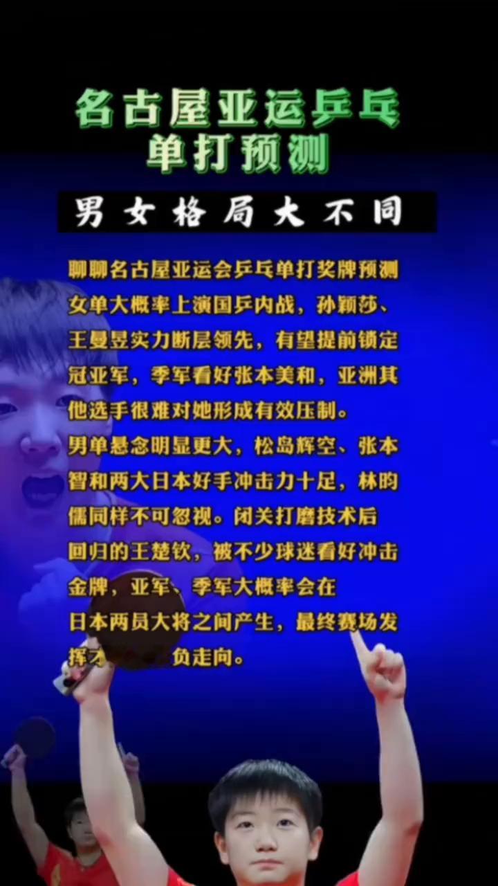 名古屋亚运乒乓单打预测，男女格局大不同。
聊聊名古屋亚运会乒乓单打奖牌预测。
·