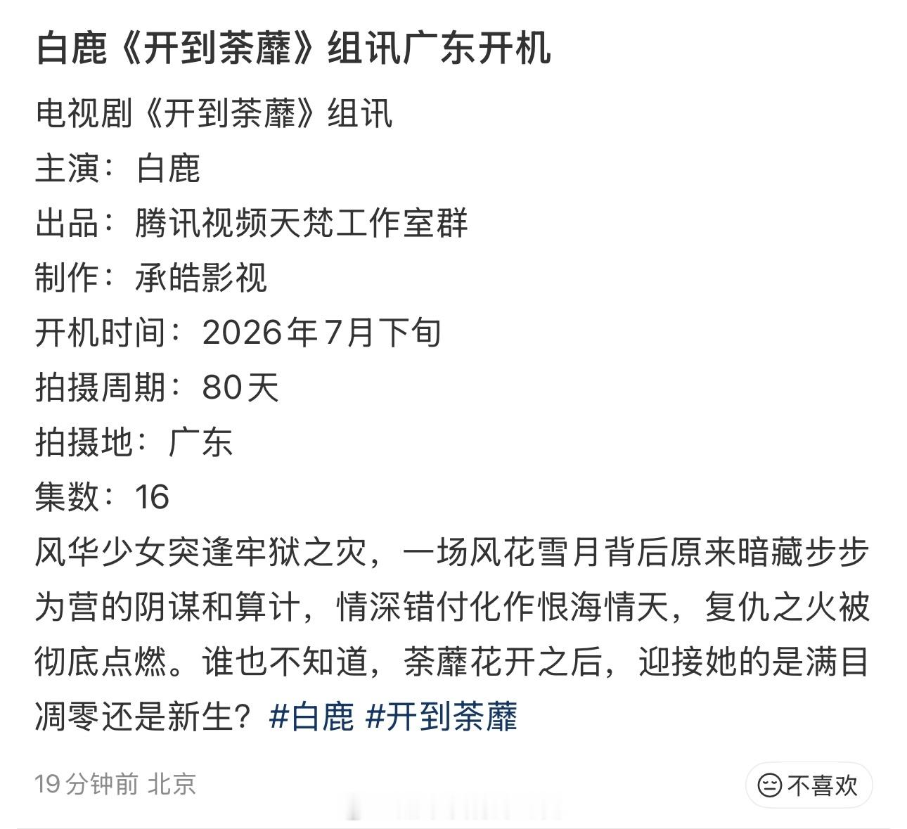 白鹿《开到荼蘼》七月下旬广东开机集数16集，拍摄时间80天期待官宣期待王韵娜白鹿