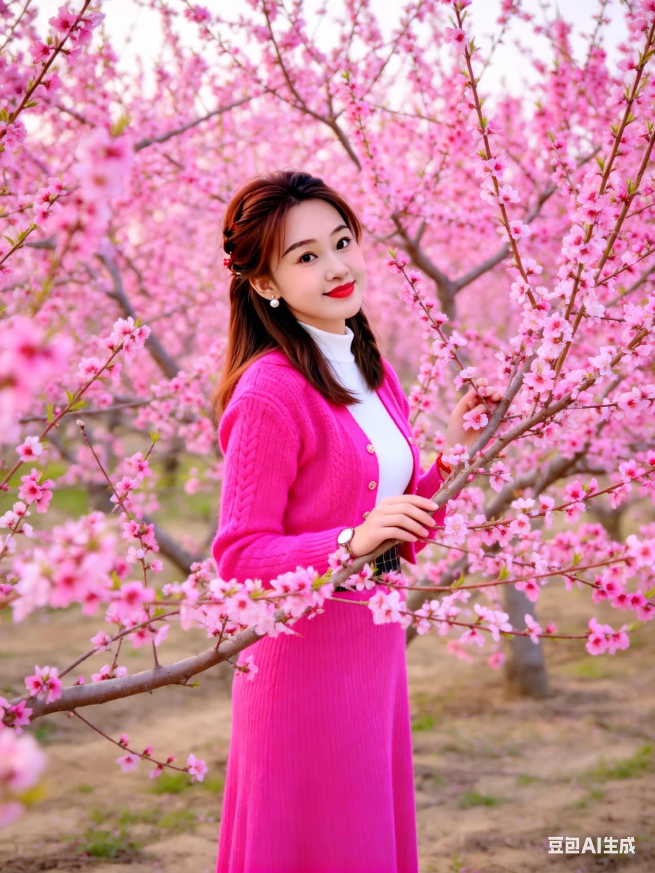 粉衣美人倚花枝，春意盎然笑语迟。