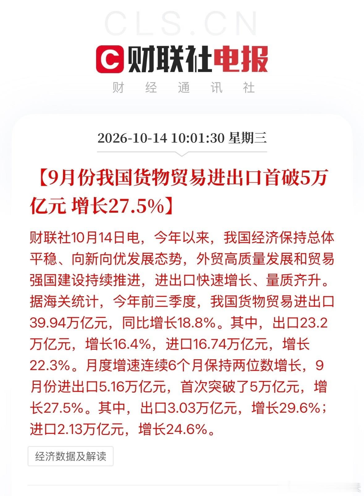 前三季度我国外贸增长18.8%据海关统计，今年前三季度，我国货物贸易进出口39.