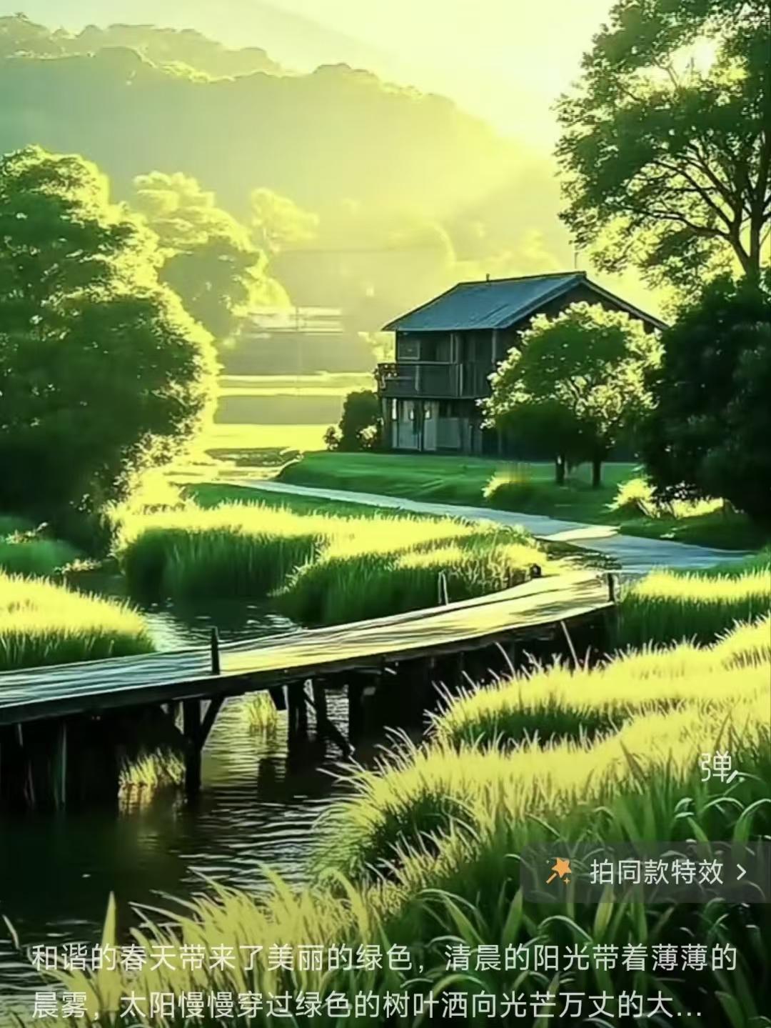 春色
春晓融烟翠满坡，
晴光穿叶洒金波。
和风尽染人间绿，
恍入桃源醉意多。