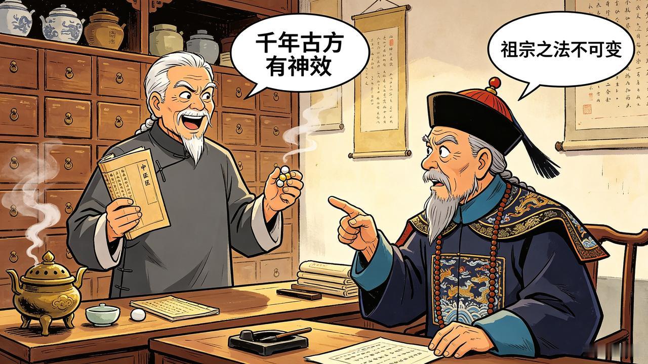 部分“中医吹”与清末守旧派思维模式一脉相承，生在现代头脑犹如古董，阻碍社会进步。