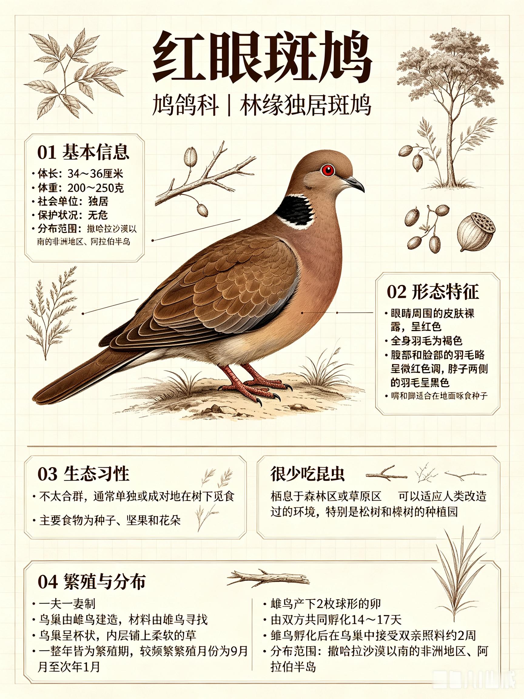鸟类朋友图鉴 红眼斑鸠体长：34~36 厘米体重：200~250 克社会单位：独