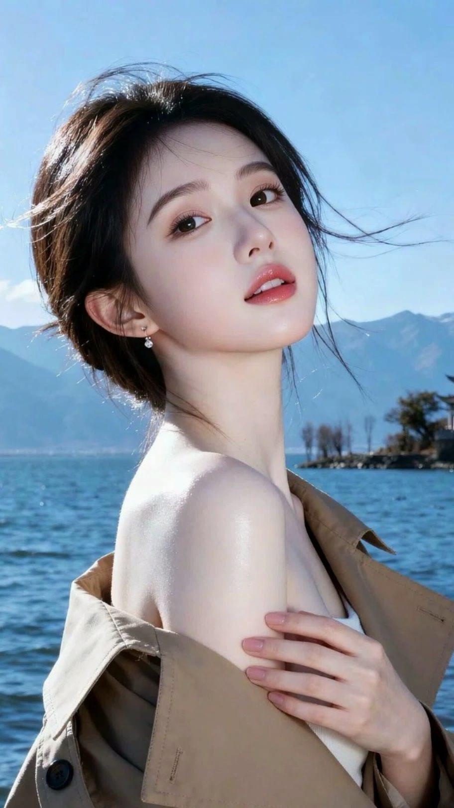 阳光下的少女，微风拂面，宁静而美好。
