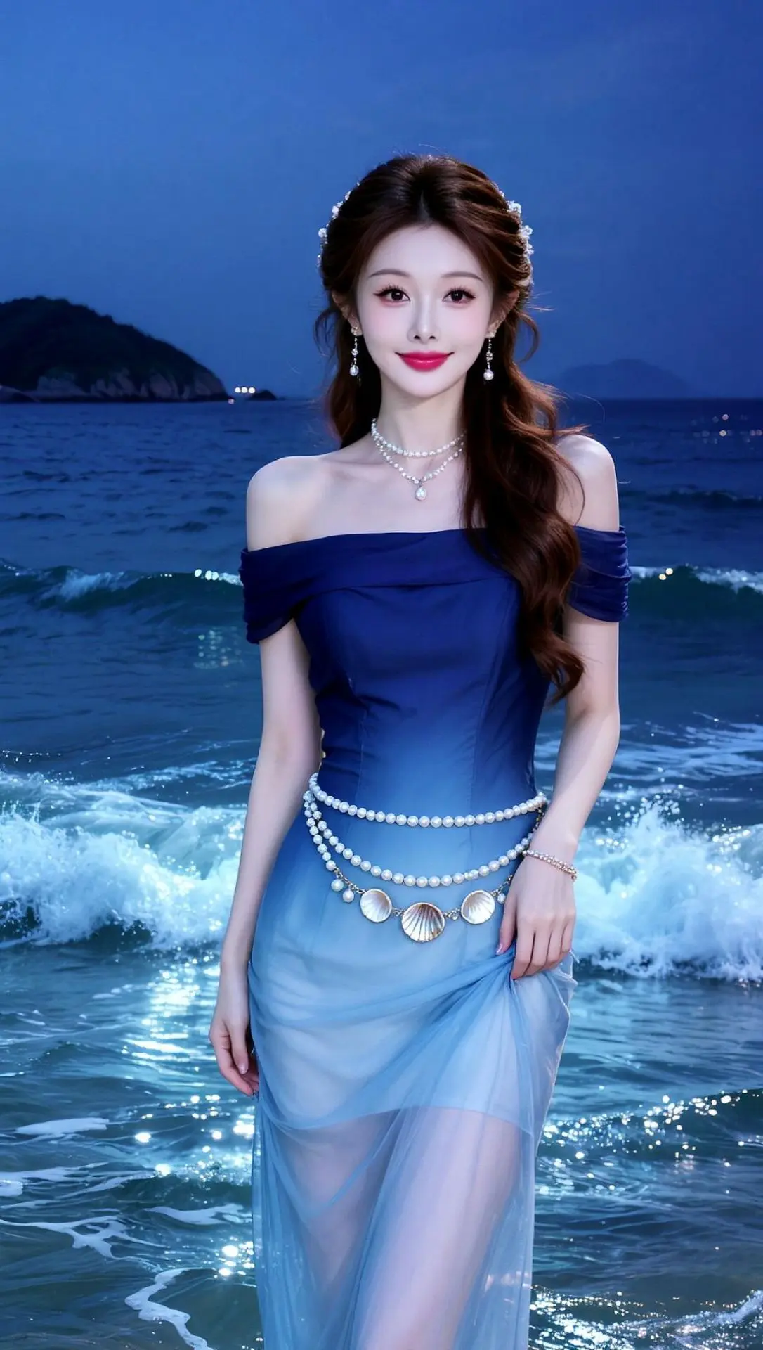 AI海夜写真 蓝裙氛围感 蓝裙与海的浪漫 璀璨蓝裙风格 美不美你说了算