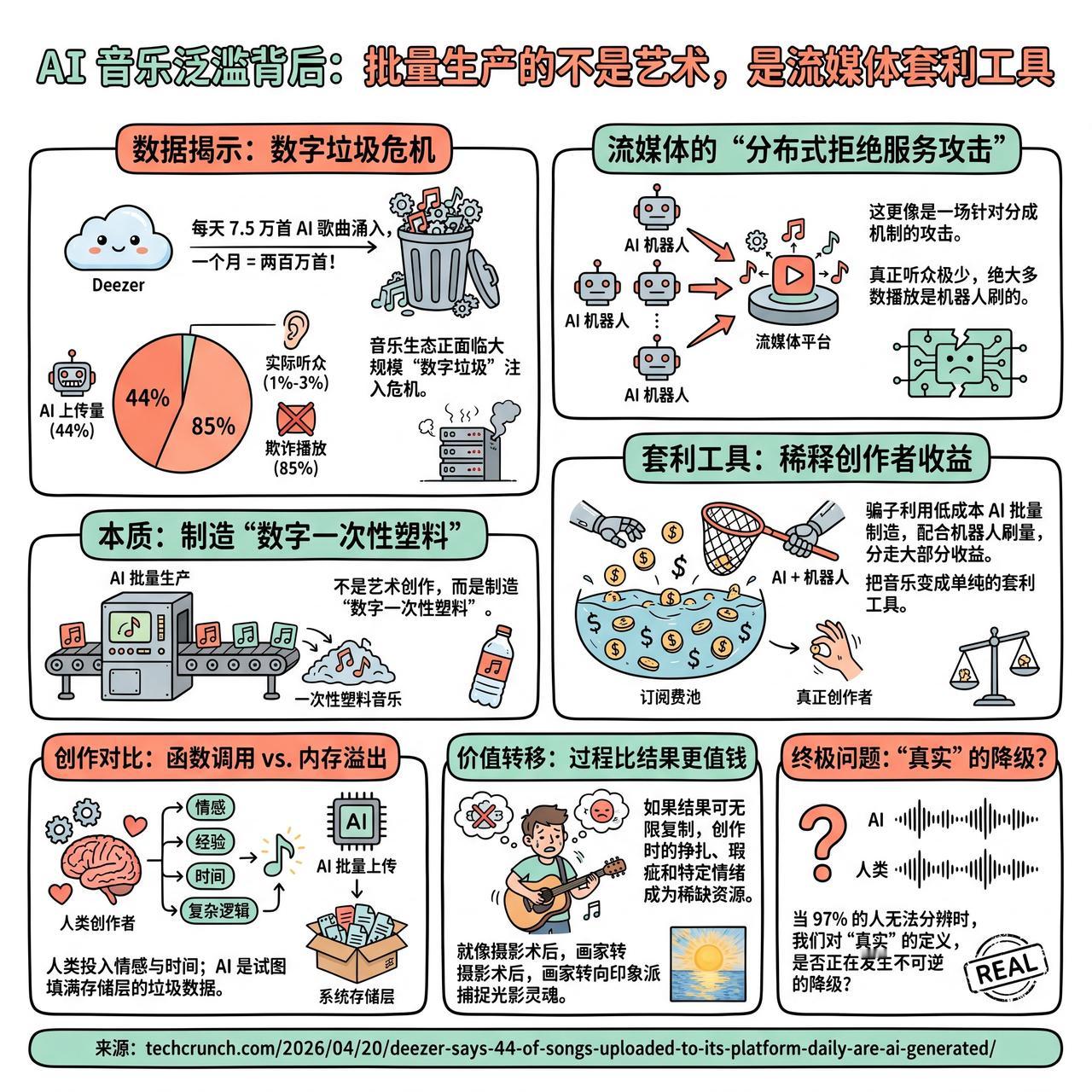 【AI 音乐泛滥背后：批量生产的不是艺术，是流媒体套利工具】

快速阅读：Dee