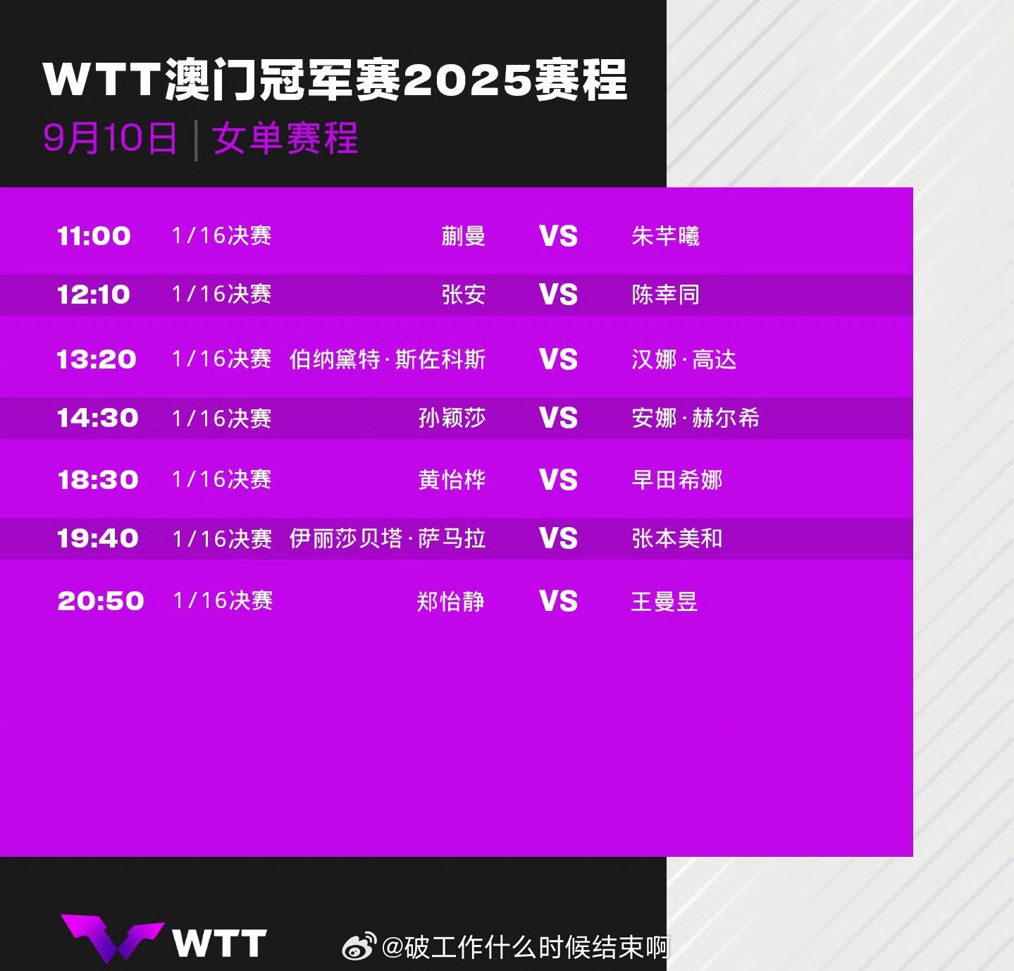 📢孙颖莎王曼昱今日领衔出战 🏓11:00 蒯曼vs朱芊曦🏓11:35 篠塚