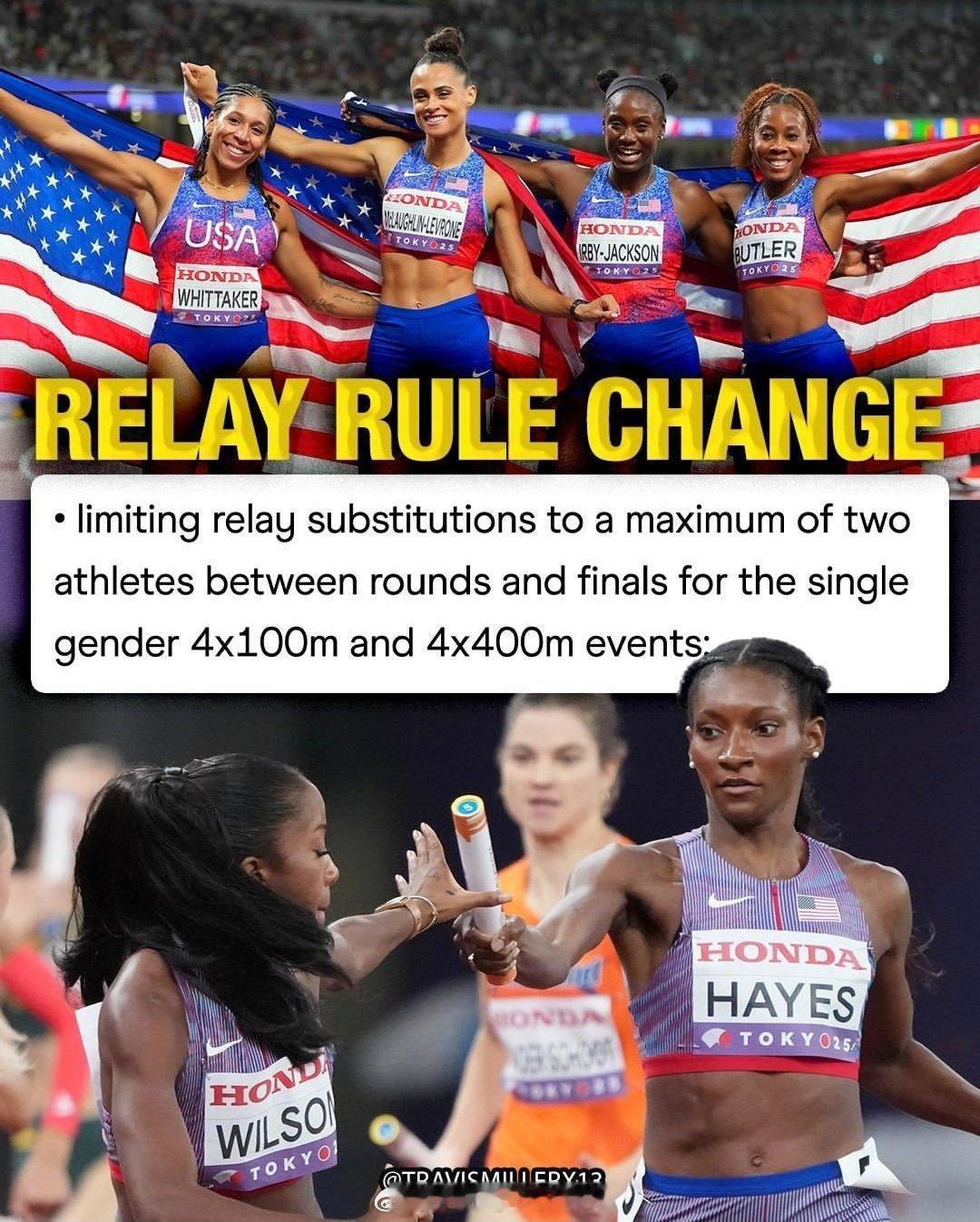 2026年起，世界田联将针对男子、女子（不包含混合）4x100及4x400米接力