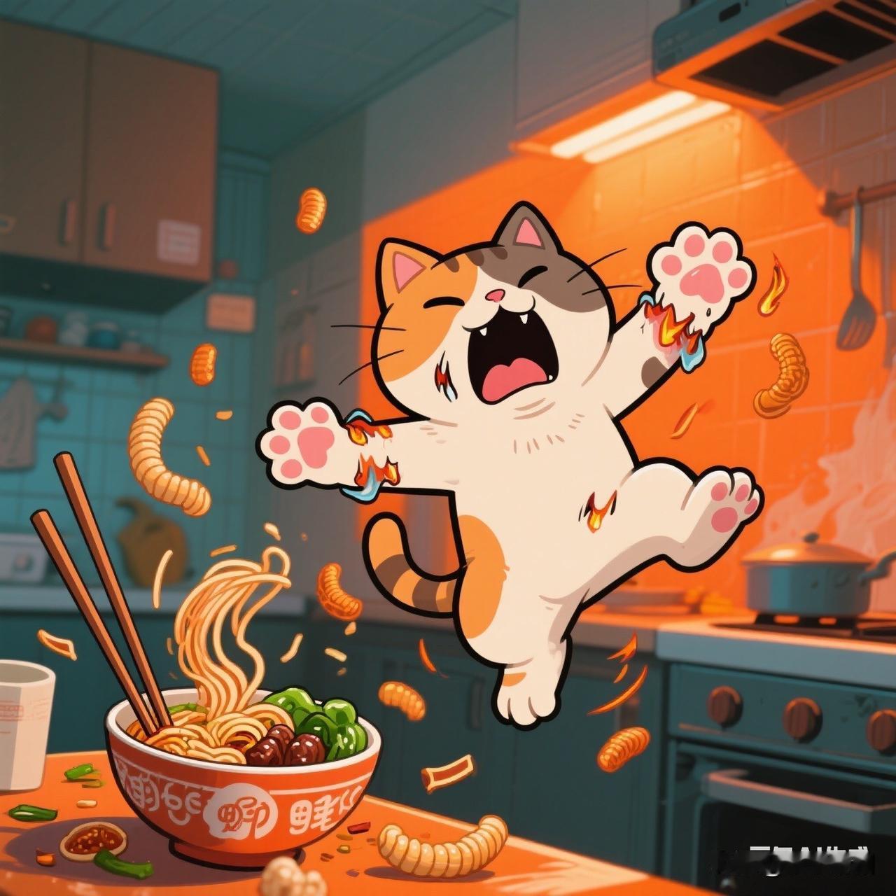 今天煮螺蛳粉时接了个电话，转头发现猫正把爪子伸进冒着热气的汤里“涮脚”，被烫得原