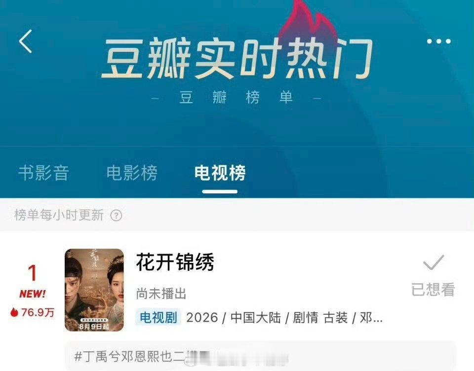 丁禹兮《花开锦绣》还没播，已登上豆瓣电视剧热榜第一！ 