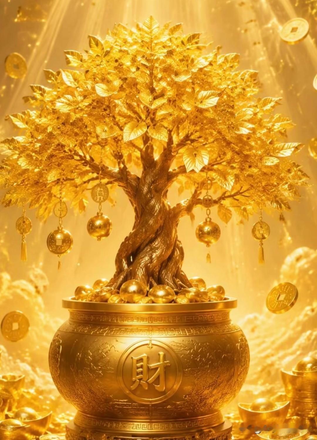 金树摇来千贯利，
宝盆聚得四方财。