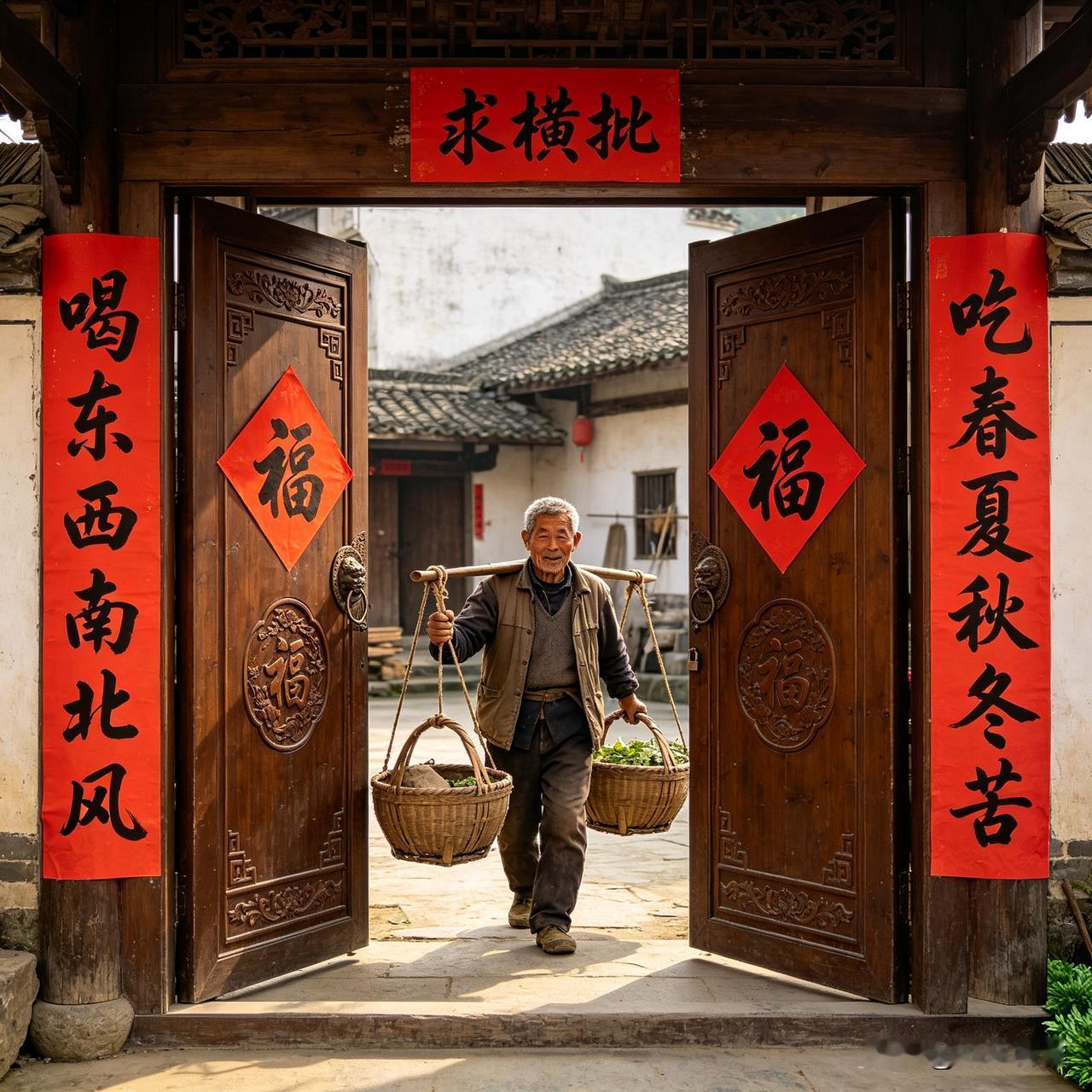 “喝东西南北风，吃春夏秋冬苦”——这联以“风”“苦”勾勒出人生的奔波与磨砺，藏着