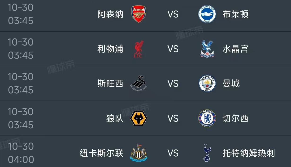 北京时间10月30日，明天的英联杯第4轮赛程如下：

阿森纳VS布莱顿：枪手已经