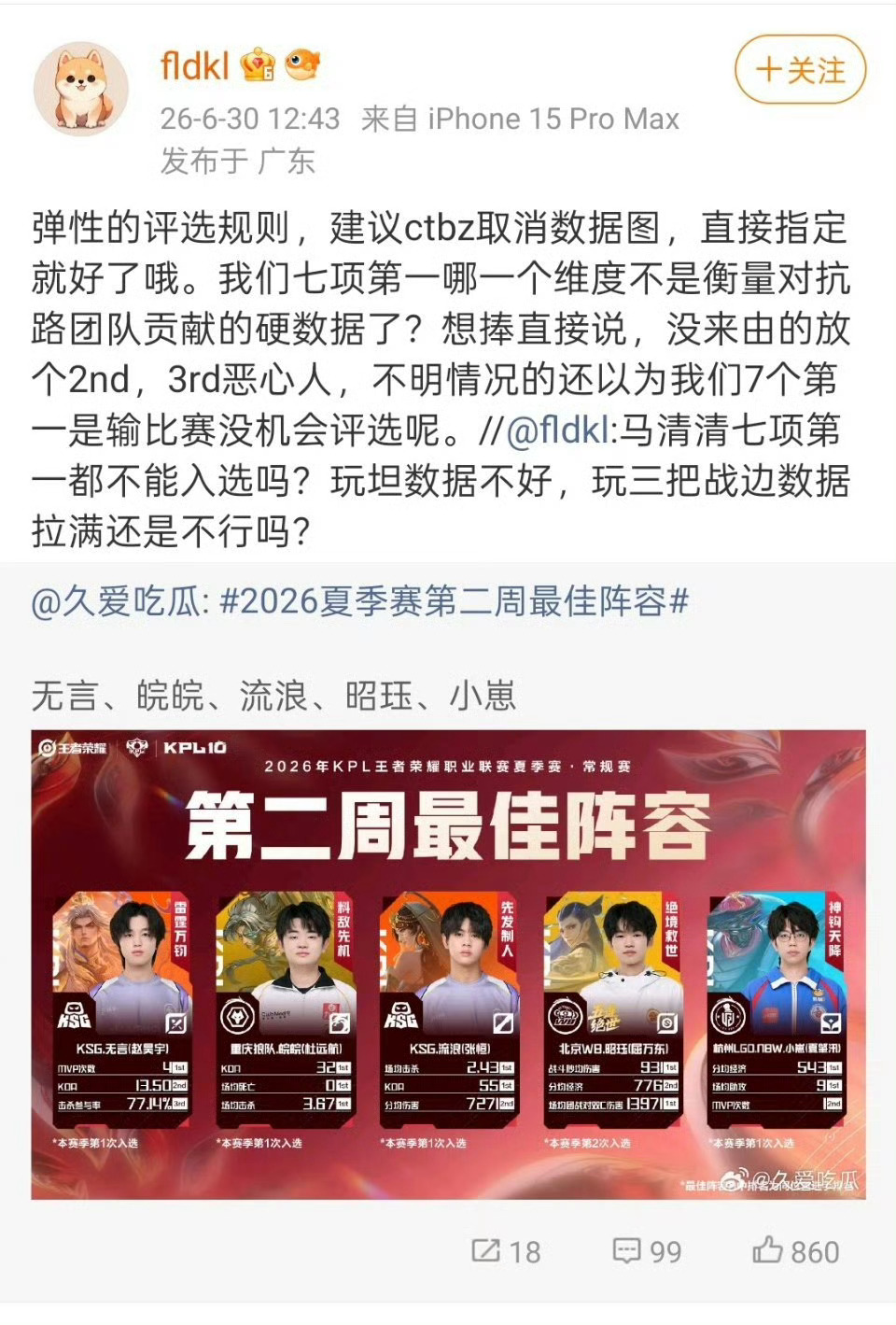 通厕妈没偷到周最佳：我家七项第一凭什么不是（实则无言那周比他名次好的数据更多，通