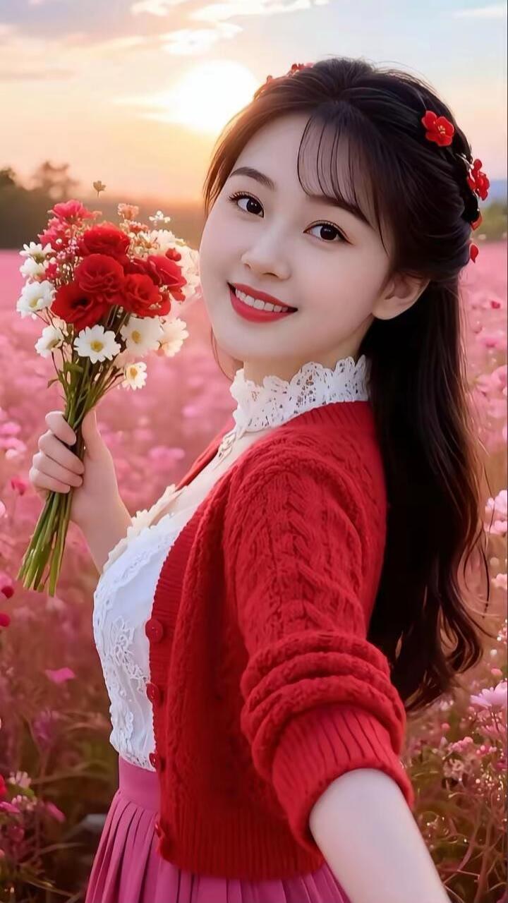 少女与花海，笑靥如花，温暖如春。