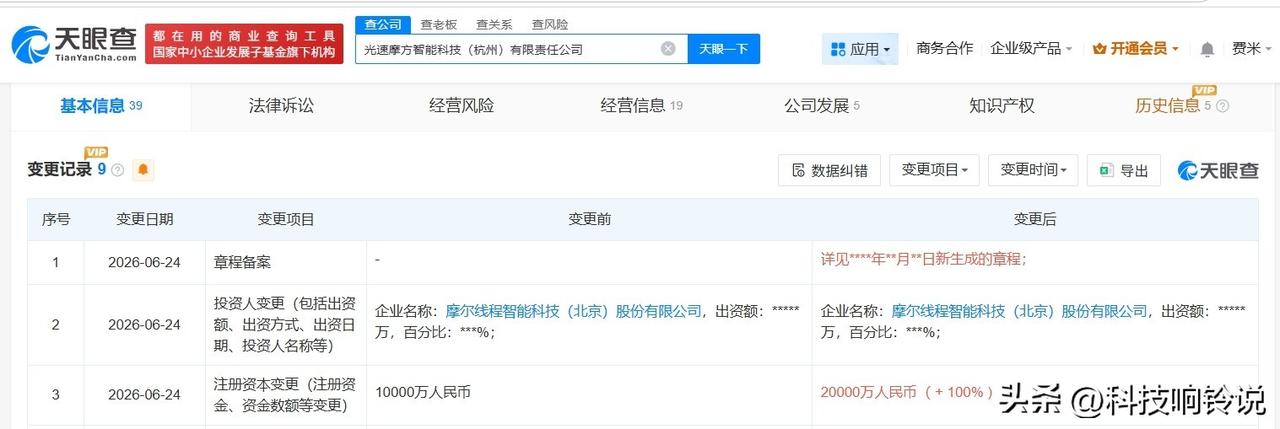 【摩尔线程旗下杭州光速摩方智能科技公司增资至2亿 增幅100%】
天眼查App显