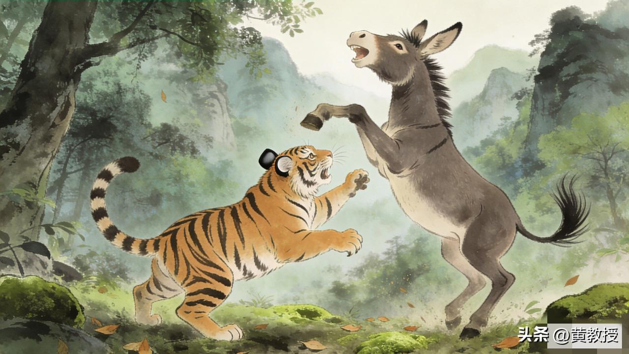 黔无驴，有好事者船载以入。至则无可用，放之山下。虎见之，庞然大物也，以为神。蔽林