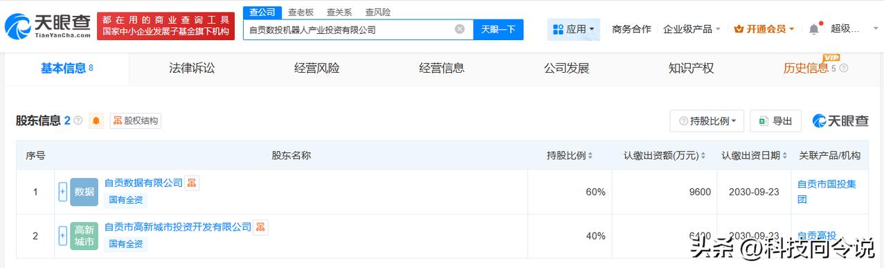 【自贡数投机器人产业投资公司成立 注册资本1.6亿】
天眼查App显示，近日，自