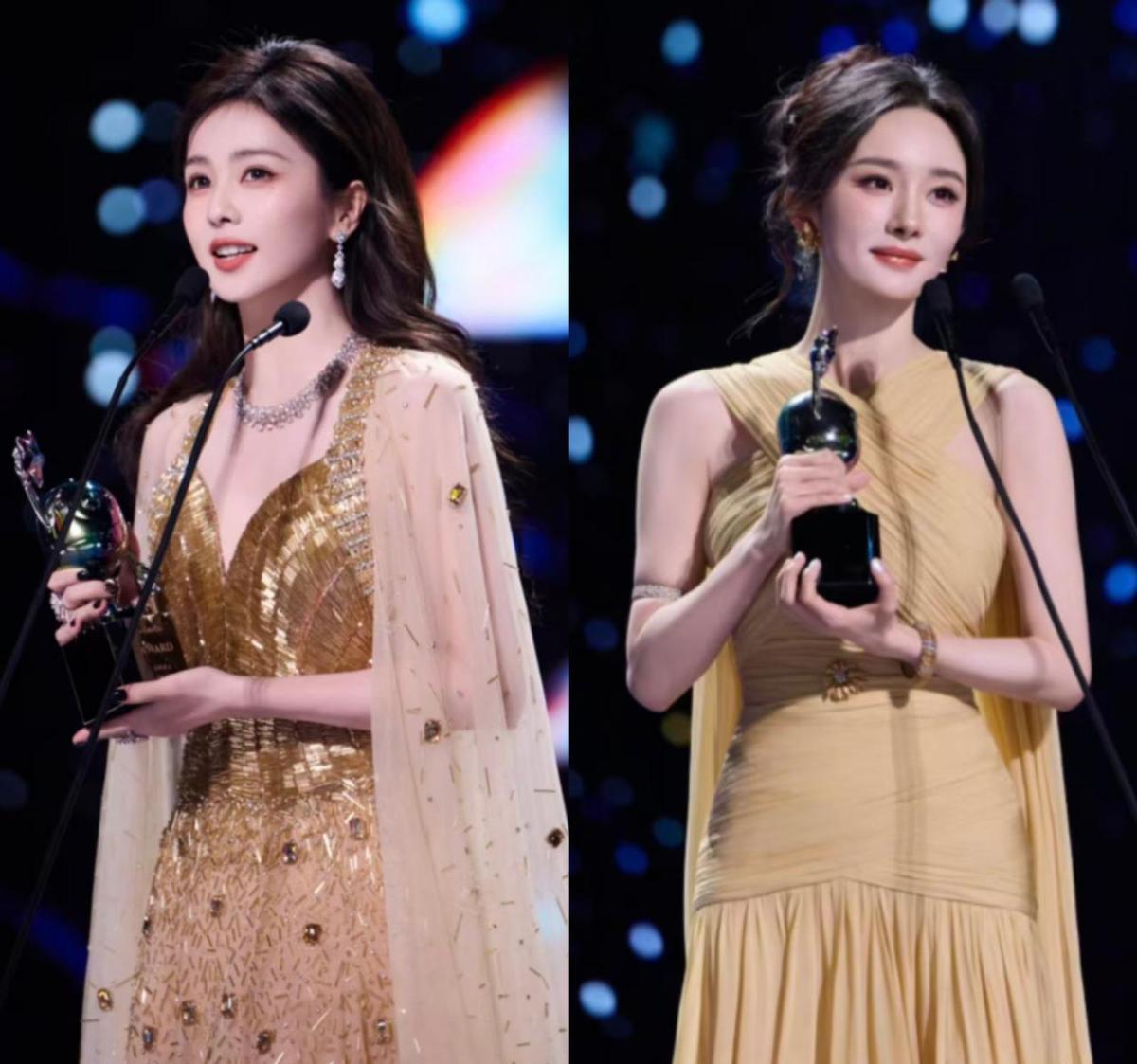 尖叫之夜的红毯
两条黄裙子撞了色
却没撞出半分尴尬
杨幂那条是高定款
腰侧缠绕的