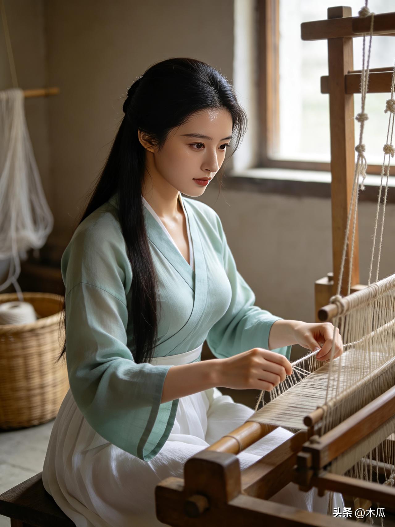 🔥 谁懂啊！这才是古人笔下的“织女”本女吧！
 
阳光透过木窗，落在老木织机上