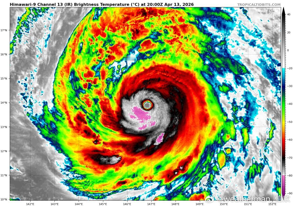 【超强台风森拉克】从今晨的云图对比看，森拉克的强度在减弱，核心对流区的高度下降，