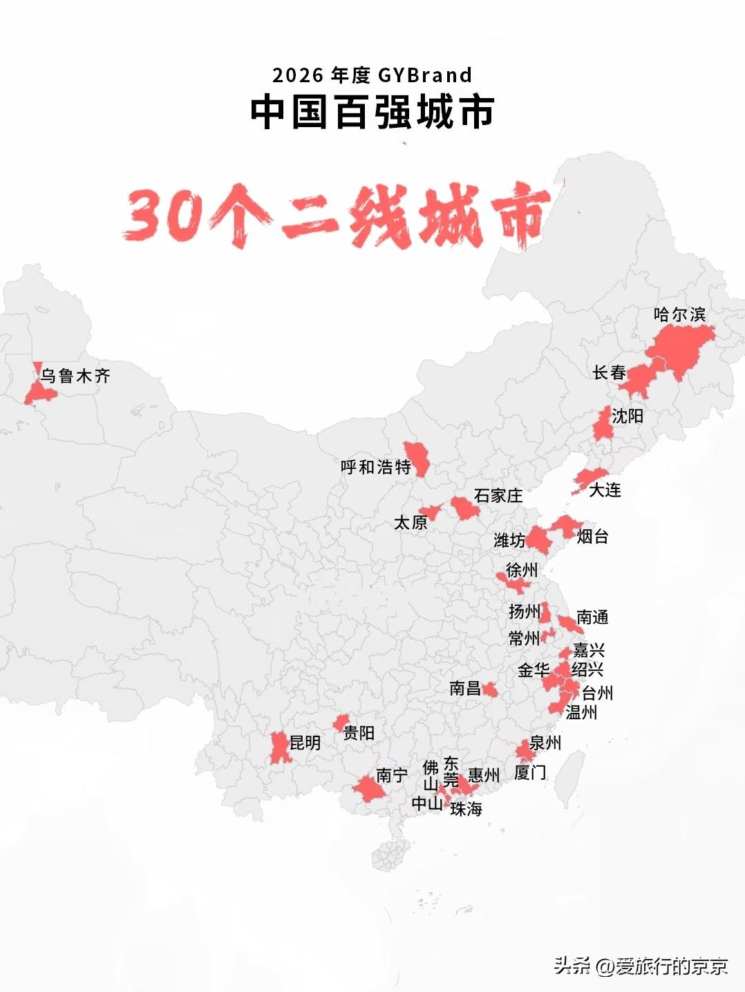 中国2026年百强城市
30个二线城市:
以为大连是一线，原来东北F4～长春，沈