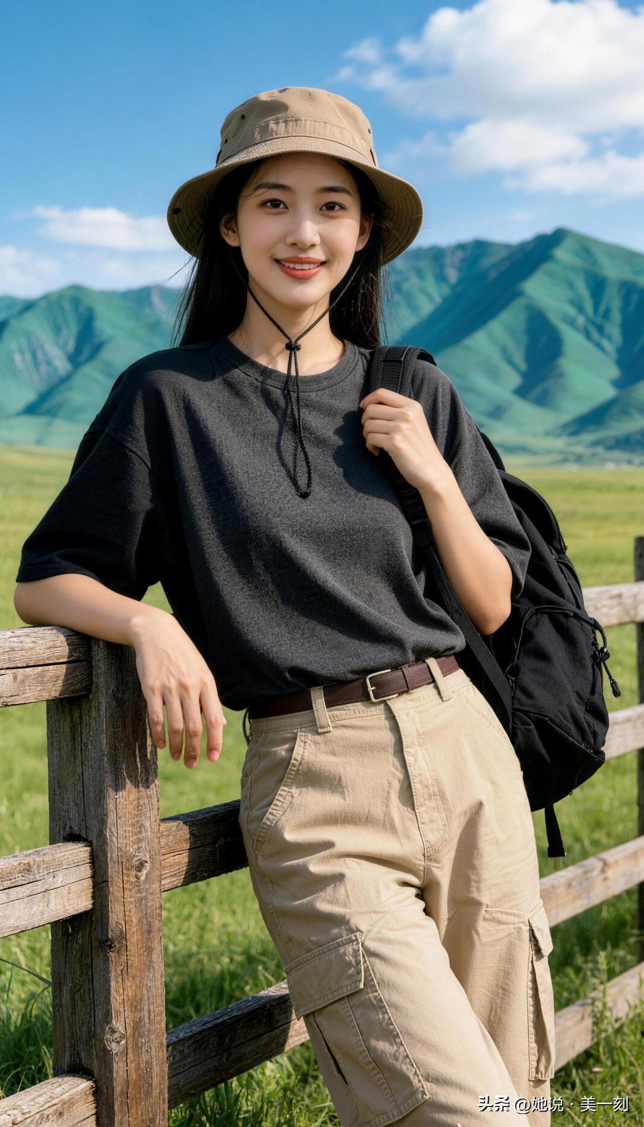 草原上的旅行少女，背着背包，享受自由自在的生活。分享甜美小姐姐随手拍