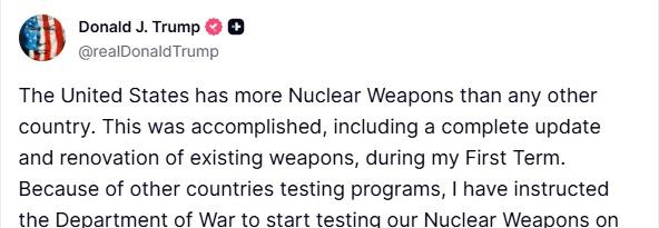 阿川宣布：我已经指示战争部开始对等核武器试验。