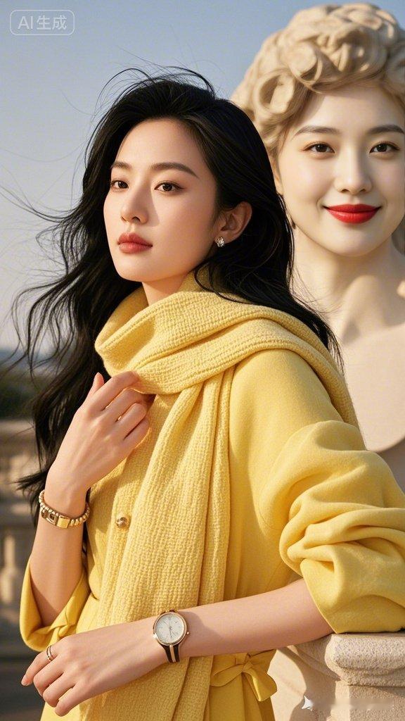 优雅复古风，黄色针织衫搭配金色饰品，尽显时尚魅力！