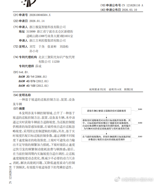 技术巡猎  极氪  一种基于坡道的巡航控制方法、装置、设备及车辆。高速上开过巡航