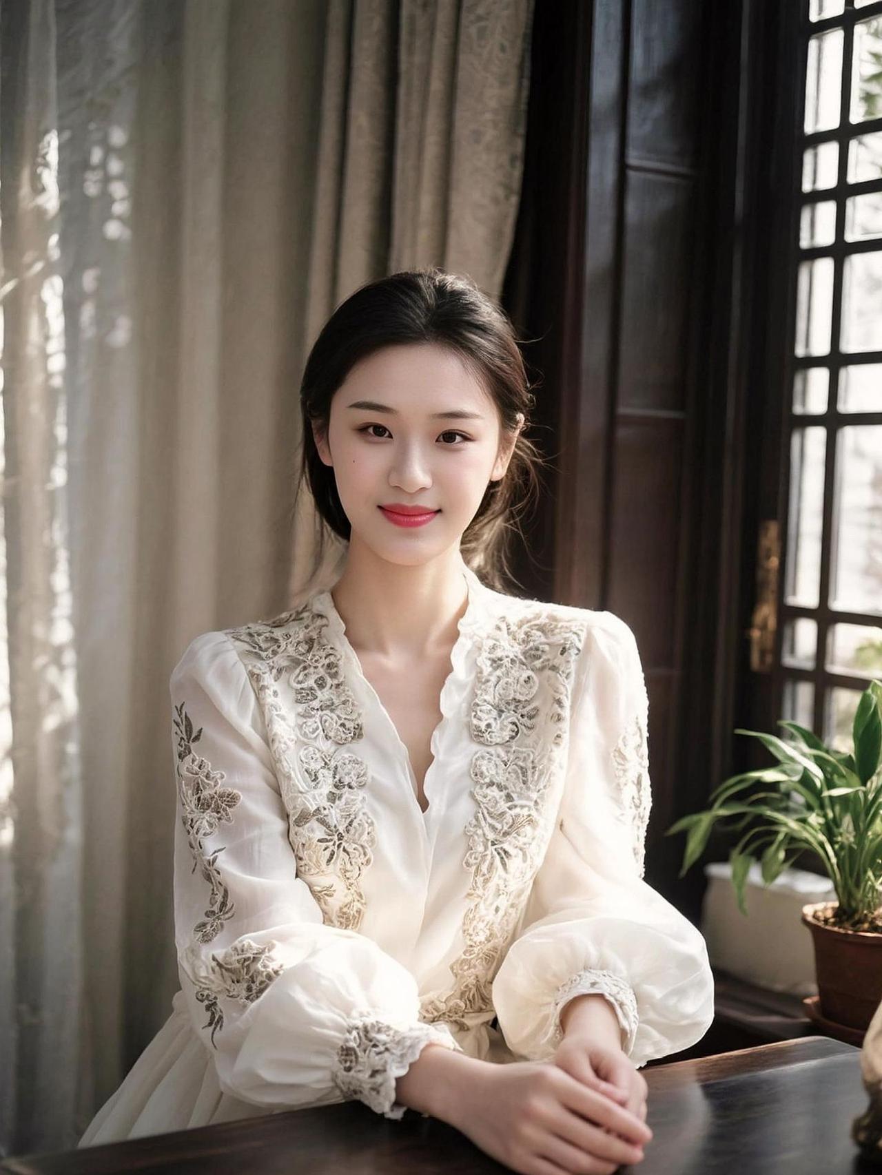 窗前的光影交织成一幅静谧的画卷，仿佛时间在此刻凝固。阳光透过窗帘的缝隙，洒在桌上