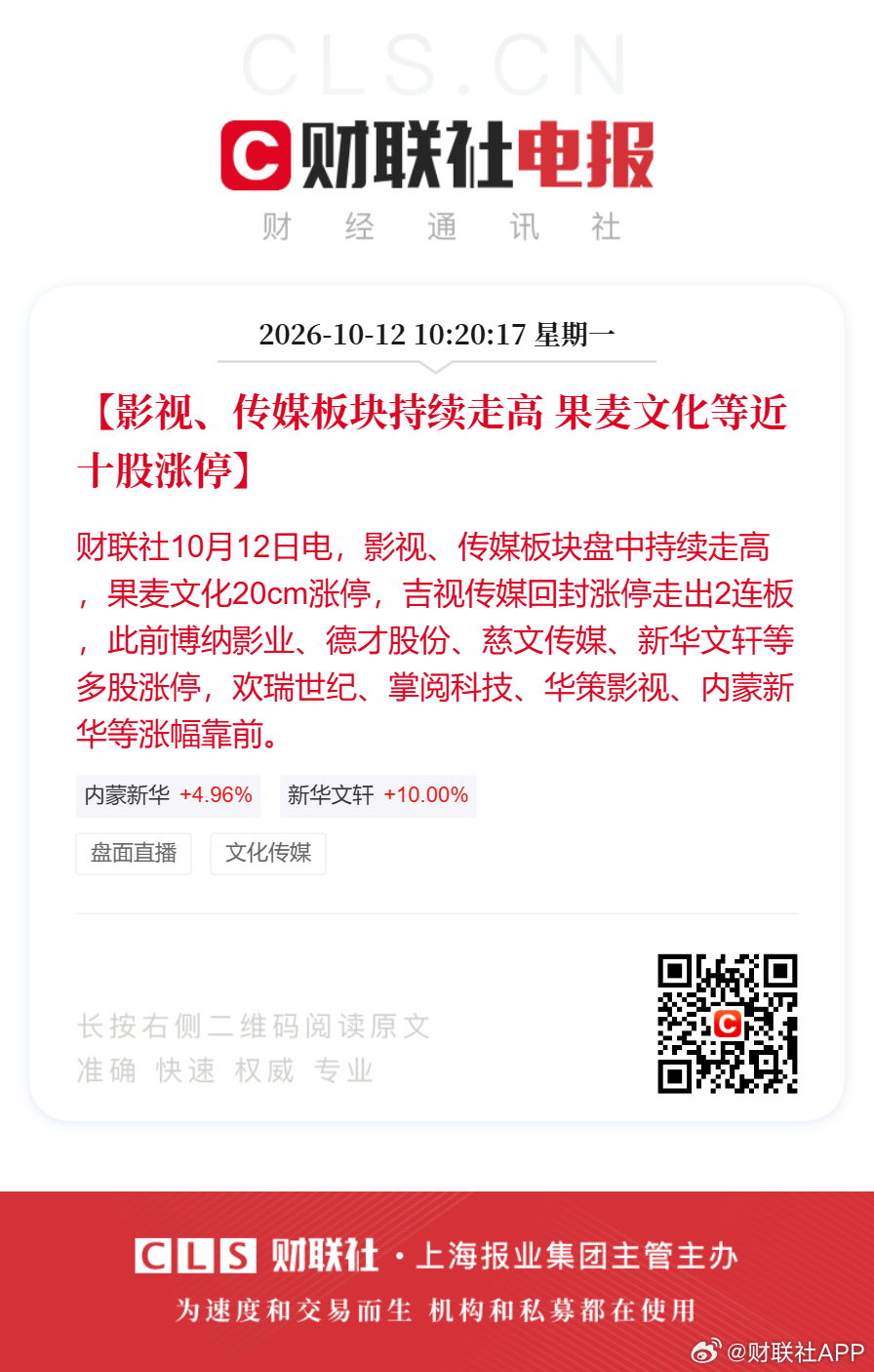 影视传媒股集体爆发果麦文化等近十股涨停【影视、传媒板块持续走高 果麦文化等近十股