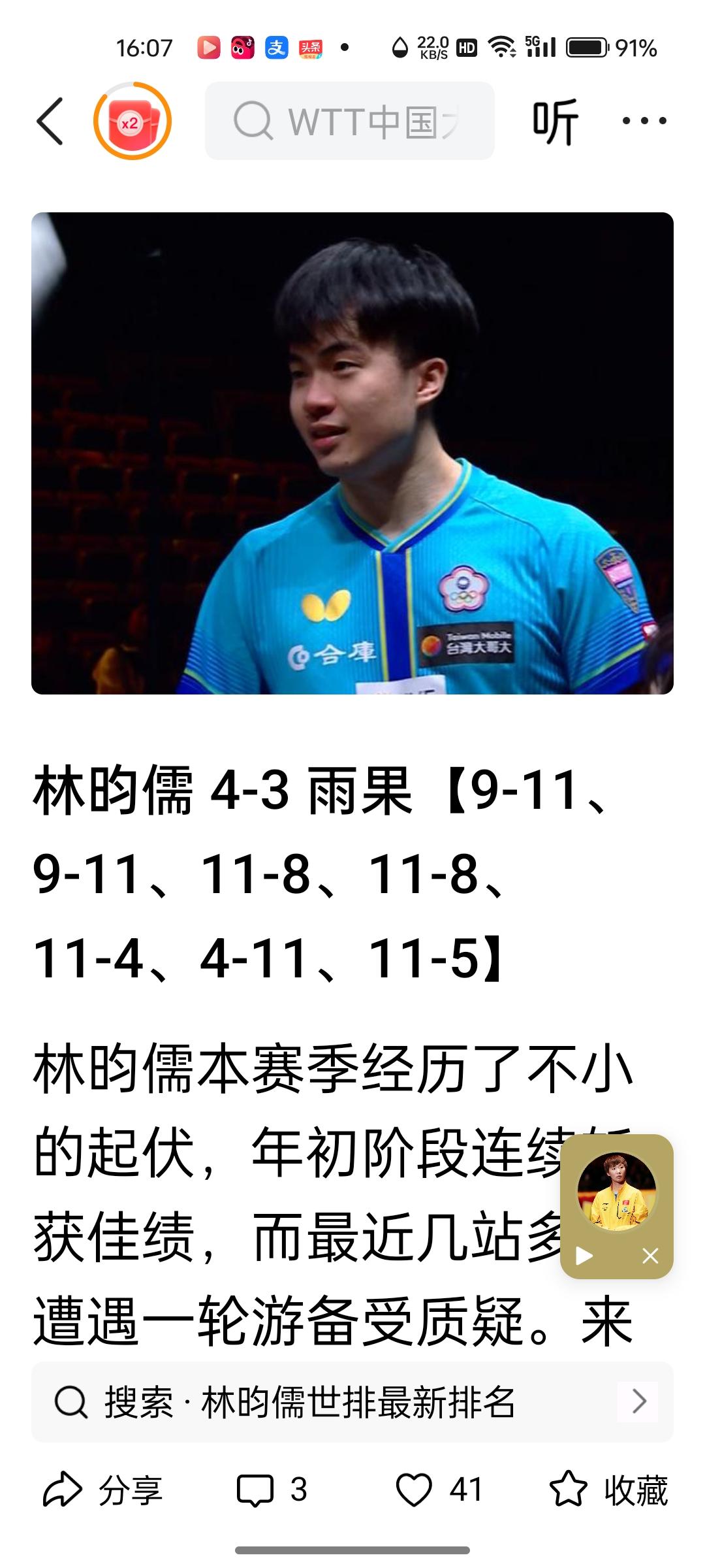 林昀儒4:3击败雨果闯入乒球北京大🈵贯赛男单决赛！
林昀儒4:0击败莫雷加德晋