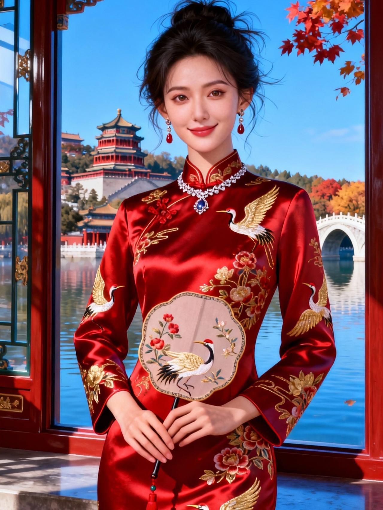 《立领承古韵，裙摆曳今潮》
 
一寸立领叩千年，盘扣萦香绾华年。
斜襟裁得宋时月