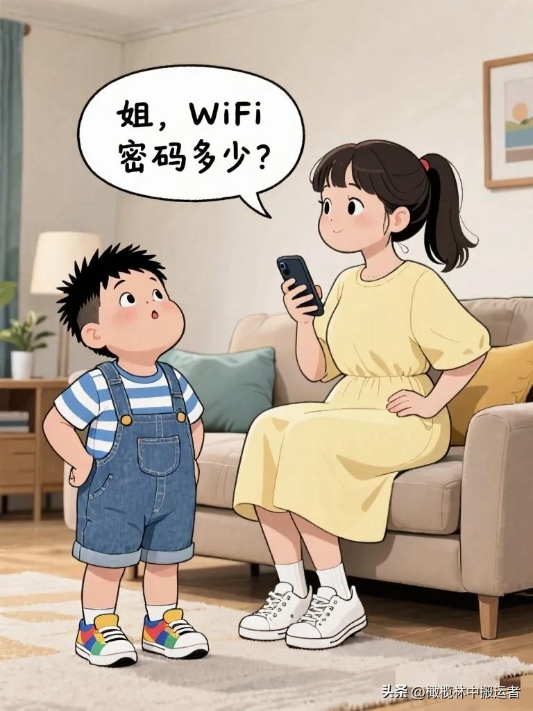 趣味漫画：弟弟：姐WiFi密码多少？姐姐：你帮我把垃圾扔了我就告诉你。弟弟扔完垃