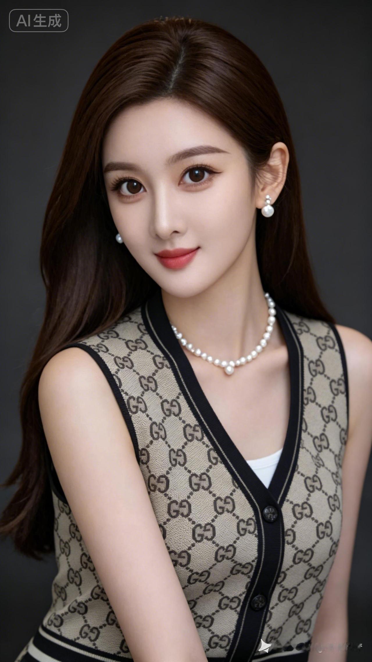 20岁中国美女，棕色顺直中长发，大眼双眼皮高鼻梁，气质冷艳精致。身着时尚品牌服饰