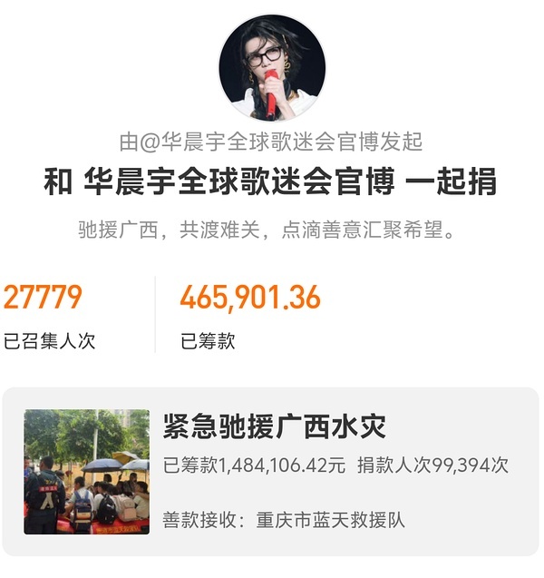 华晨宇全球歌迷会为广西洪涝灾区捐款