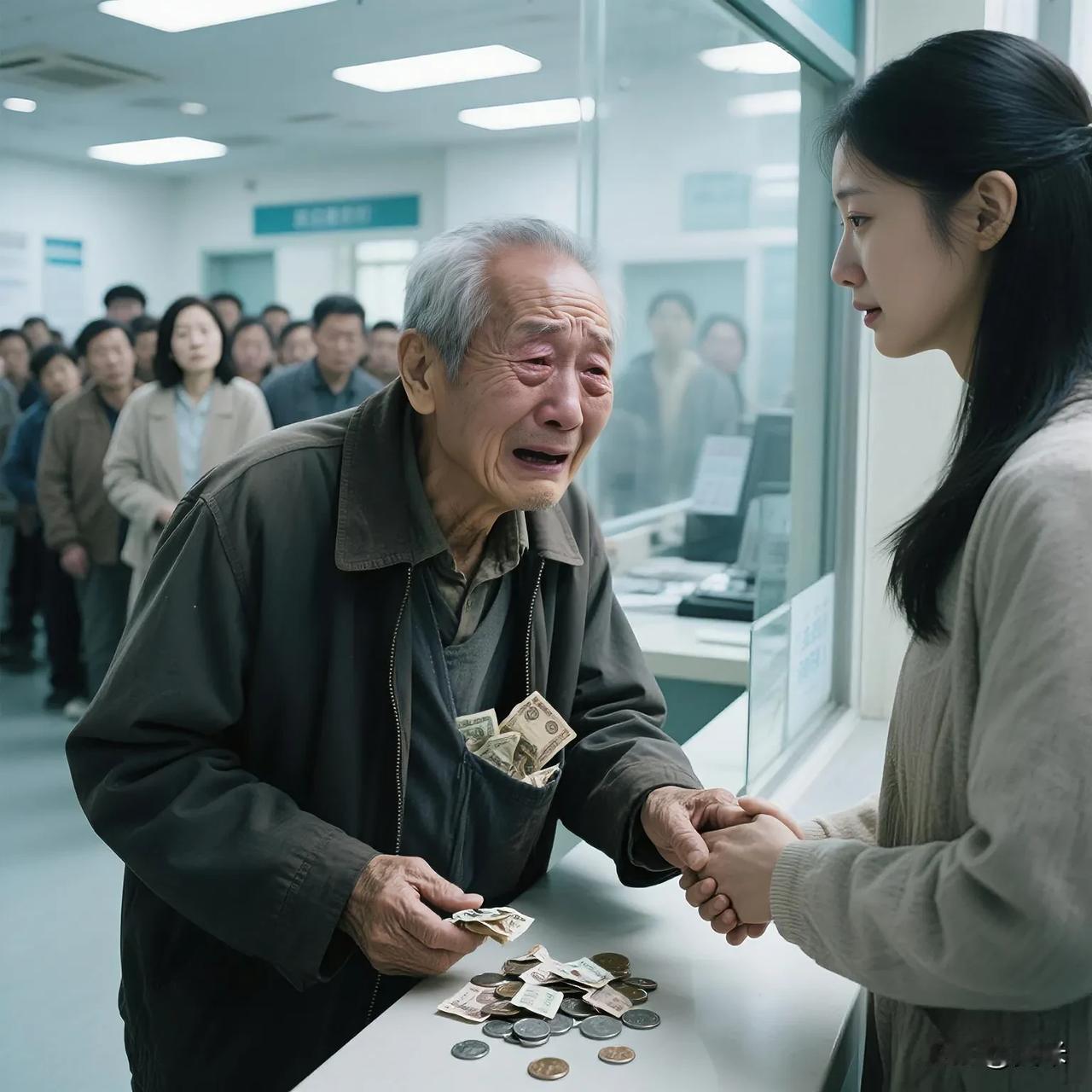 “医院缴费窗口前，老人颤抖着掏出一把皱巴巴的零钱：‘大夫，少开点药，我钱不够..