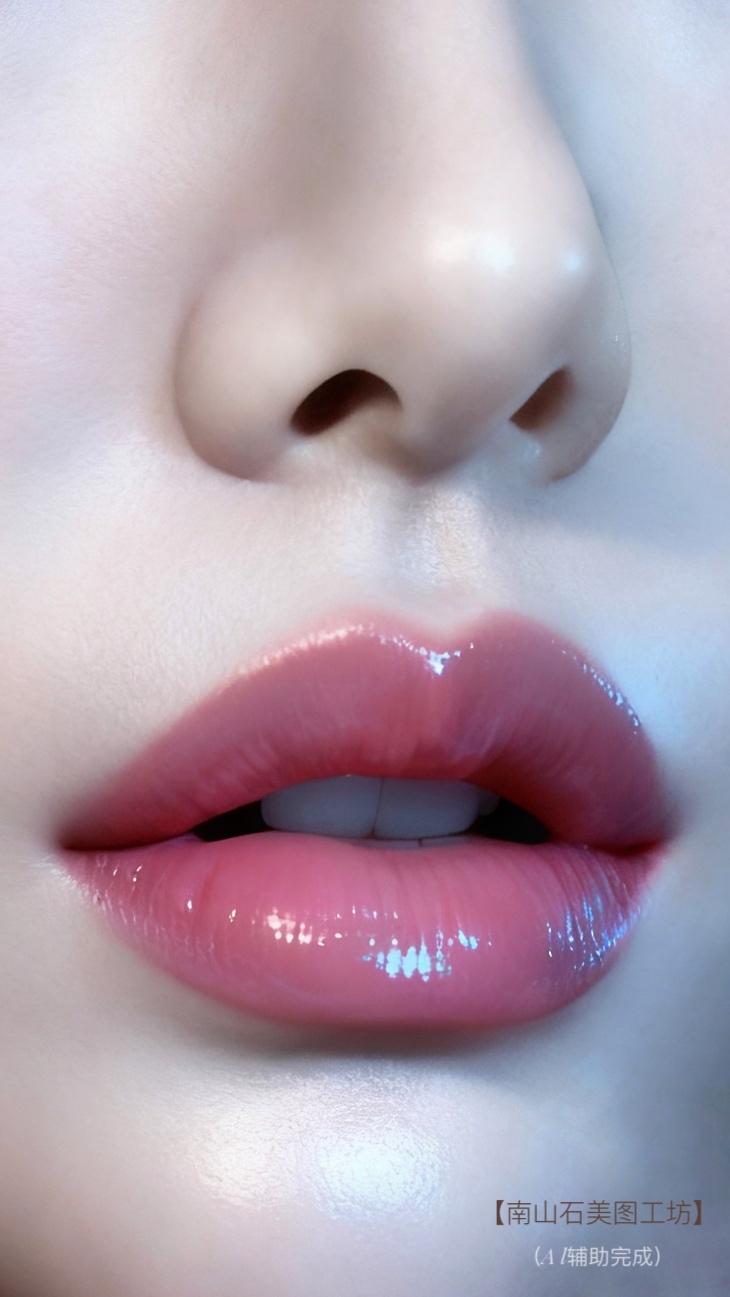 唇若樱瓣承露，柔粉裹挟琉璃光，饱满得似要漾出甜意；鼻梁精巧如绘，弧度优雅入韵。光