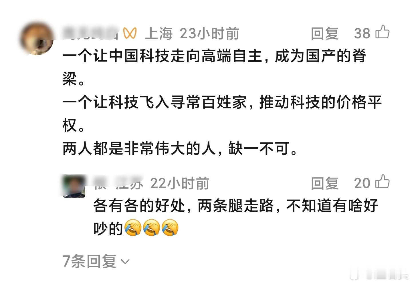 wx上一篇关于老余和雷军的文章，点赞第一的评论：一个让中国科技走向高端自主，成为