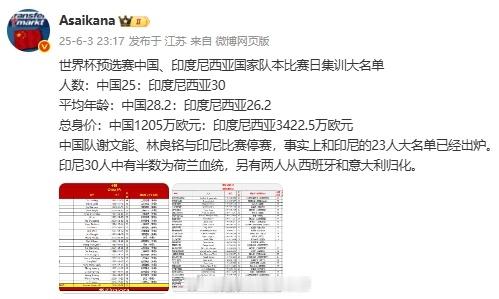 印尼队身价远超国足 德转朱艺更新社媒，贴出世界杯预选赛中国、印度尼西亚国家队本比